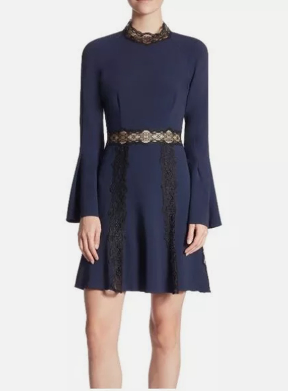 Jonathan Simkhai Blue Dress Black Lace Trim 4 Swing Party Flare Bell Sleeve NWT